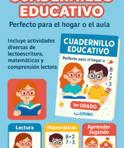 Cartel promocional de "Cuadernillo Educativo" para primer grado, con niños de dibujos animados leyendo, haciendo cuentas y jugando. El texto destaca la lectura, las matemáticas y el aprendizaje a través del juego, ideal para usar en casa o en el aula.