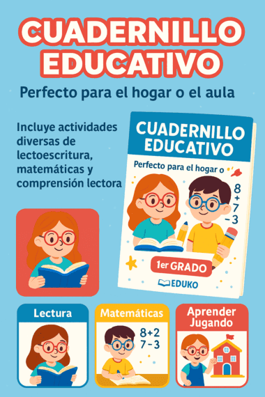 Cartel promocional de "Cuadernillo Educativo" para primer grado, con niños de dibujos animados leyendo, haciendo cuentas y jugando. El texto destaca la lectura, las matemáticas y el aprendizaje a través del juego, ideal para usar en casa o en el aula.