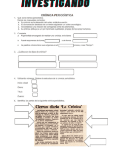 Hoja de ejercicios en español sobre crónicas periodísticas con preguntas para rellenar los espacios en blanco y un ejemplo de artículo de periódico titulado 