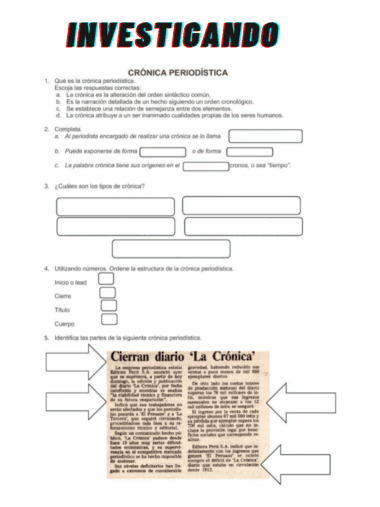 Hoja de ejercicios en español sobre crónicas periodísticas con preguntas para rellenar los espacios en blanco y un ejemplo de artículo de periódico titulado "Cierran diario 'La Crónica'", con flechas rotuladas que señalan partes del artículo.