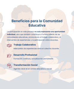 Guía de Estudio HORAS ADICIONALES EDUCACIÓN FÍSICA Primaria y Secundaria- USICAMM 2026 - 2027 + (Simulador 90 Reactivos) 26 Tres personas ilustradas sentadas en una mesa escribiendo en un papel. Un texto superpuesto explica los beneficios para la comunidad educativa: trabajo colaborativo, desarrollo profesional y transformación social. Los iconos acompañan a cada beneficio.