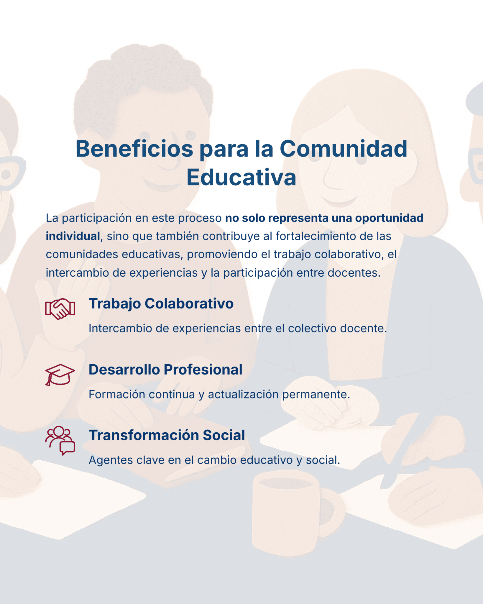 Guía de Estudio HORAS ADICIONALES EDUCACIÓN FÍSICA Primaria y Secundaria- USICAMM 2026 - 2027 + (Simulador 90 Reactivos) 7 Tres personas ilustradas sentadas en una mesa escribiendo en un papel. Un texto superpuesto explica los beneficios para la comunidad educativa: trabajo colaborativo, desarrollo profesional y transformación social. Los iconos acompañan a cada beneficio.