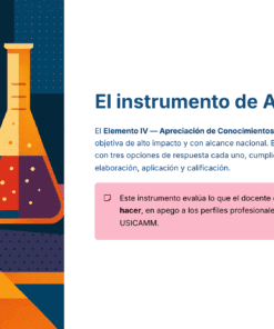 Guía de Estudio HORAS ADICIONALES CIENCIAS QUÍMICA Educación Secundaria- USICAMM 2026 – 2027 + (Simulador 90 Reactivos) 23 Ilustración de colorido material de vidrio de laboratorio de química a la izquierda, incluidos vasos de precipitados y tubos de ensayo con líquidos. A la derecha, texto en español que explica un instrumento de apreciación para profesores de química, destacando los requisitos clave.