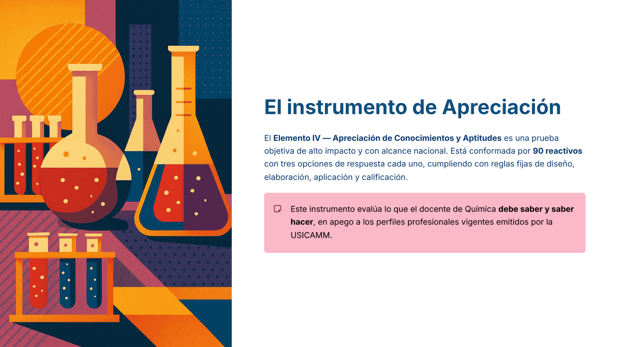 Guía de Estudio HORAS ADICIONALES CIENCIAS QUÍMICA Educación Secundaria- USICAMM 2026 – 2027 + (Simulador 90 Reactivos) 10 Ilustración de colorido material de vidrio de laboratorio de química a la izquierda, incluidos vasos de precipitados y tubos de ensayo con líquidos. A la derecha, texto en español que explica un instrumento de apreciación para profesores de química, destacando los requisitos clave.