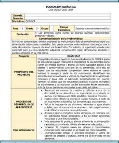 Un plan de lección en español para un curso de TERCER TRIMESTRE Programa Analítico CIENCIAS III QUÍMICA Secundaria 3º (Ciclo Escolar 2023 – 2024) para estudiantes de 6to grado de Secundaria. El documento incluye el título del proyecto, una descripción del problema, el propósito del proyecto, descripción general del contenido, competencias, recursos, actividades de diagnóstico y métodos de evaluación.
