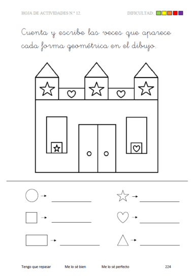 El libro de vocabulario en inglés (5-7 años) incluye una hoja de ejercicios en blanco y negro con un castillo hecho con formas geométricas. Los niños cuentan y escriben formas en inglés, aprendiendo vocabulario de círculos, estrellas, rectángulos, triángulos, corazones y cuadrados.