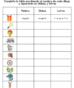 Una hoja de ejercicios en español con una tabla. La primera columna tiene dibujos: un regalo, una raqueta de tenis, un rinoceronte, un lazo, una naranja, un globo terráqueo y un payaso. La primera fila se rellena con 