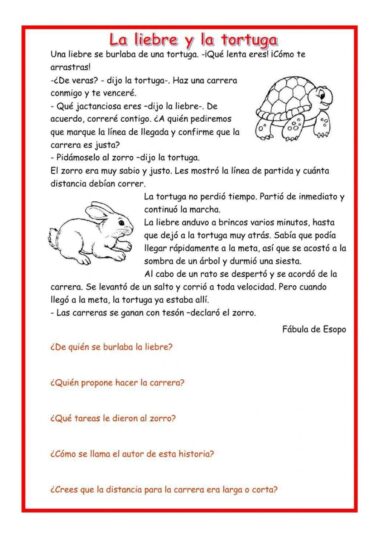 Texto en español de la fábula "La liebre y la tortuga" con ilustraciones de una tortuga y una liebre, seguidas de preguntas de comprensión sobre la historia en la parte inferior de la página.