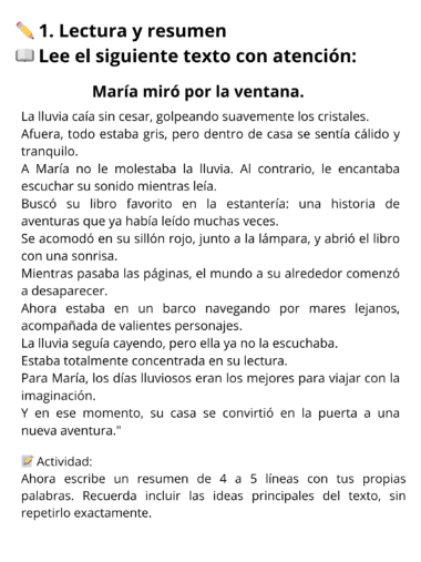 Una hoja de ejercicios de comprensión lectora en español que presenta una breve historia sobre María mirando por la ventana en un día lluvioso, seguida de tres preguntas de lectura y una actividad para resumir la historia en 4-5 líneas.