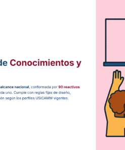 Una profesora señala una pizarra en blanco mientras tres alumnos con las manos levantadas se sientan frente a ella. A la izquierda, un texto en español describe una prueba objetiva de conocimientos y destrezas. El fondo es blanco y rosa.