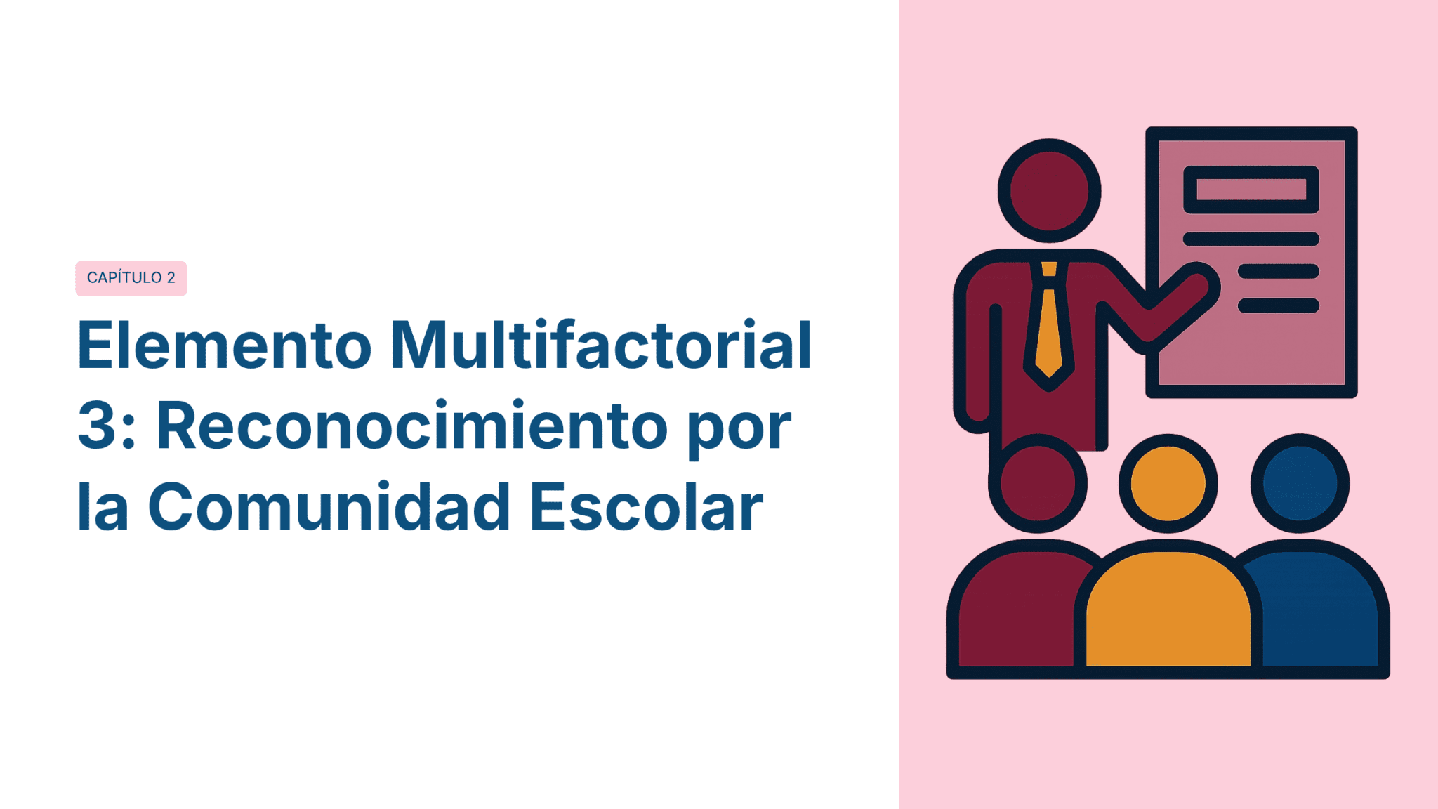 Paquete Promoción a DIRECTOR ESCOLAR – Educación Media Superior (Carta de Exposición de Motivos + Plan de Mejora Continua + Guía EMS) EMS BACHILLERATO 2026–2027 13 Ilustración de una persona presentando información a tres personas sentadas junto al texto "Elemento Multifactorial 3: Reconocimiento por la Comunidad Escolar, Capítulo 2" sobre un fondo dividido blanco y rosa.