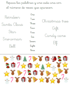 El libro de vocabulario en inglés (para 5 a 7 años) incluye hojas de trabajo con temas navideños con palabras en cursiva como 