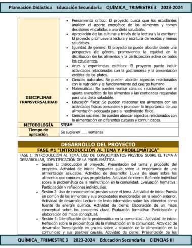 El "TERCER TRIMESTRE Programa Analítico CIENCIAS III QUÍMICA Secundaria 3º (Ciclo Escolar 2023 – 2024)" describe el pensamiento crítico, la apreciación cultural a través de la lectura y la escritura, la igualdad de género, las experiencias artísticas y el tiempo de aplicación de métodos para el Ciclo Escolar 2023 – 2024. Incluye actividades transdisciplinarias .