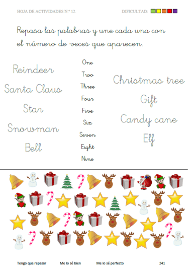 El libro de vocabulario en inglés (para 5 a 7 años) incluye hojas de trabajo con temas navideños con palabras en cursiva como "Reno" y "Papá Noel", además de números e imágenes festivas (renos, muñecos de nieve, bastones de caramelo y campanas) para que los niños cuenten y aprendan.