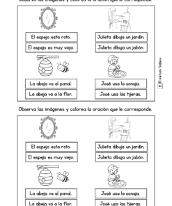 Hoja de ejercicios con dos conjuntos de tres imágenes cada uno: un espejo agrietado, una abeja sobre una flor y un niño utilizando unas tijeras. Cada conjunto tiene cuatro frases para emparejar y colorear según la imagen apropiada.