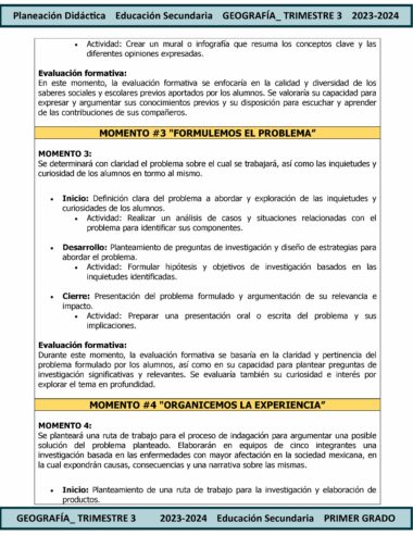 Documento educativo titulado "TERCER TRIMESTRE Programa Analítico GEOGRAFÍA Secundaria 1º (Ciclo Escolar 2023 – 2024)." Describe los objetivos y criterios de evaluación de las clases de geografía, enfatizando la importancia de las contribuciones de los estudiantes y el aprendizaje colaborativo.