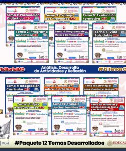 Una cuadrícula de 12 coloridos carteles educativos, cada uno de los cuales representa un tema didáctico diferente para la enseñanza secundaria. Los carteles muestran títulos de cursos, iconos y logotipos, con pancartas de texto en las que se lee "#EditorialMD" y "#Paquete12TemasDesarrollados".