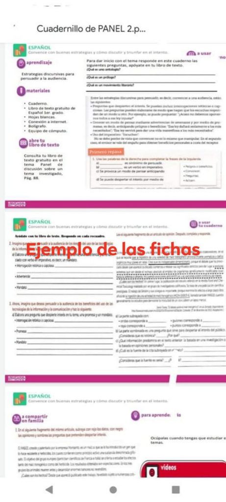 Recopilación de capturas de pantalla de un sitio web educativo que presenta un curso de español, que muestra varias secciones como materiales del curso, composiciones, Fichas o cuadernos de apoyo al programa aprende en casa 2 y videos instructivos. Texto en español.