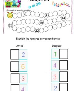 Hoja de ejercicios para niños con una recta numérica en forma de oruga del 0 al 39, algunos círculos rellenados con números (8, 14, 19, 26, 32). Debajo, casillas para rellenar con números antes y después de los números dados (2, 5, 3, 4).