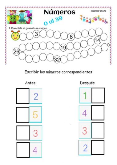 Hoja de ejercicios para niños con una recta numérica en forma de oruga del 0 al 39, algunos círculos rellenados con números (8, 14, 19, 26, 32). Debajo, casillas para rellenar con números antes y después de los números dados (2, 5, 3, 4).