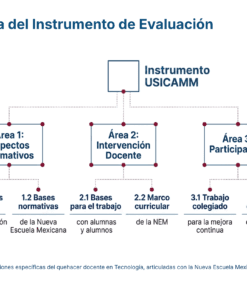 Diagrama que muestra la estructura del Instrumento de Evaluación USICAMM con tres áreas principales: Aspectos Normativos, Intervención Pedagógica y Participación, cada una subdividida en principios y bases de evaluación específicos.