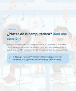 Tres niños sentados en pupitres sonríen en un aula decorada con notas musicales. El texto explica una actividad práctica utilizando una canción para aprender partes de ordenador, asociando cada parte a un instrumento musical.