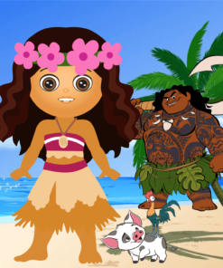 Oración con nombre de producto: Ilustración de los personajes animados Moana, Maui y Pua en una playa tropical con una palmera y el océano como fondo. Moana lleva una corona de flores y Maui luce un atuendo tradicional para la serie Paquete Audio-Cuentos Infantiles 6.
