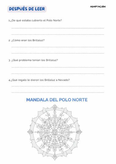 Una hoja de trabajo en español titulada "Después de leer" con cuatro preguntas de comprensión de lectura y una sección llamada "Mandala del Polo Norte" debajo, que presenta un mandala detallado y simétrico para colorear.