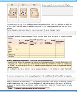 Ficha para matemáticas de secundaria: muestra una pregunta sobre qué caja tiene más posibilidades de sacar una canica negra, seguida de una tabla sobre juegos y estrategias, y una sección de reflexión sobre el uso de estrategias en juegos aleatorios.