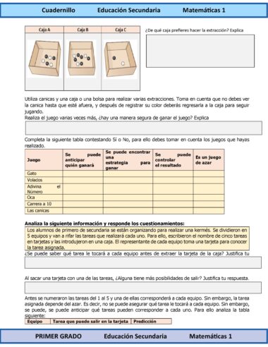Ficha para matemáticas de secundaria: muestra una pregunta sobre qué caja tiene más posibilidades de sacar una canica negra, seguida de una tabla sobre juegos y estrategias, y una sección de reflexión sobre el uso de estrategias en juegos aleatorios.