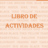 La portada del "Libro de vocabulario inglés, 5-7 años" muestra el texto "LIBRO DE ACTIVIDADES" en negrita y naranja, y un "1" grande en la esquina superior derecha, con palabras en inglés difuminadas sobre colores, animales y objetos al fondo.