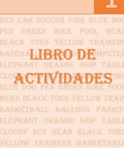 La portada del "Libro de vocabulario inglés, 5-7 años" muestra el texto "LIBRO DE ACTIVIDADES" en negrita y naranja, y un "1" grande en la esquina superior derecha, con palabras en inglés difuminadas sobre colores, animales y objetos al fondo.
