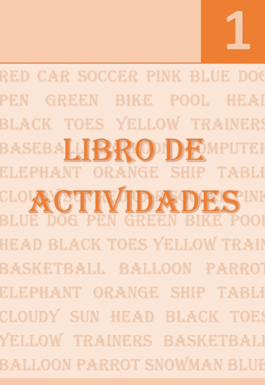 La portada del "Libro de vocabulario inglés, 5-7 años" muestra el texto "LIBRO DE ACTIVIDADES" en negrita y naranja, y un "1" grande en la esquina superior derecha, con palabras en inglés difuminadas sobre colores, animales y objetos al fondo.