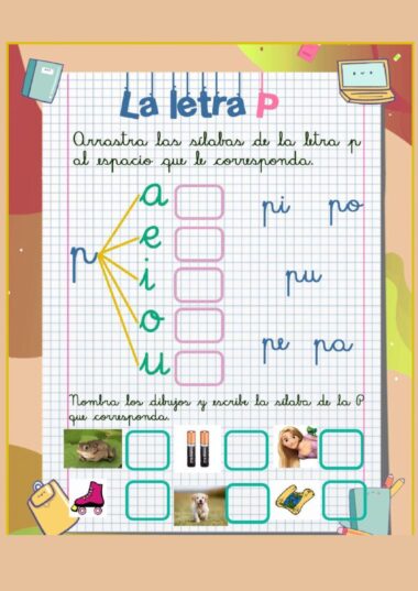 Ficha didáctica en español centrada en la letra "P", con sílabas para emparejar (pa, pe, pi, po, pu), casillas en blanco y dibujos de un perro, unas pilas, una princesa y una patata para etiquetar.
