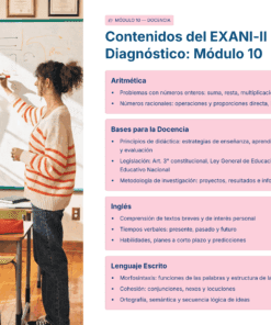 Una mujer dibuja formas geométricas en una pizarra blanca en un aula. La imagen incluye una lista de temas para un examen de enseñanza, que abarca aritmética, fundamentos de la enseñanza, inglés y competencias lingüísticas escritas.