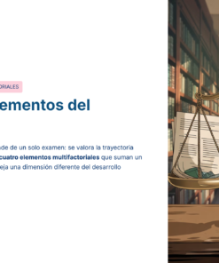 Pantalla dividida: a la izquierda, texto en español sobre los elementos del proceso de promoción docente; a la derecha, ilustración de una balanza dorada en una biblioteca, con papeles y manzanas apilados en cada lado.