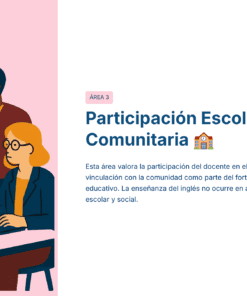 Guía de Estudio HORAS ADICIONALES INGLÉS Educación Secundaria- USICAMM 2026 – 2027 + (Simulador 90 Reactivos) 19 Ilustración de cuatro personas sentadas y de pie alrededor de una mesa, discutiendo sobre documentos y un ordenador portátil. A la derecha, un texto en español habla de la importancia de la participación de la escuela y la comunidad en la educación.