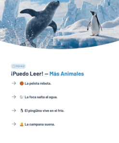 Una foca salta del agua helada cerca de un pingüino que está sobre hielo nevado, rodeado de icebergs. A continuación, se muestran frases de lectura en español sobre animales con los iconos correspondientes.