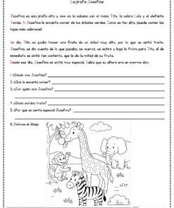 Una hoja de ejercicios en blanco y negro con una historia sobre una jirafa llamada Josefina, preguntas de comprensión y una sección para colorear con una jirafa, una cebra, un mono y un elefante bajo un árbol.