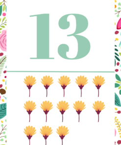 Tarjeta decorativa con la Banda numérica de 1 al 31 floral en la parte superior en color verde claro, rodeada por una cenefa floral. Debajo hay tres filas de flores amarillas espaciadas uniformemente.