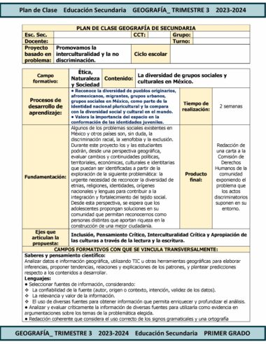 Una infografía que detalla un plan de lección de geografía de secundaria titulado "TERCER TRIMESTRE Programa Analítico GEOGRAFÍA Secundaria 1º (Ciclo Escolar 2023 – 2024)". Los temas incluyen diversidad de grupos indígenas, etnias, dinámica migratoria y valoración de la diversidad. Como parte del año escolar 2023 – 2024, mejora la comprensión del pluralismo de México.