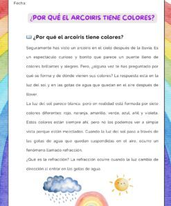 Una hoja de trabajo educativa en español explica por qué los arcoíris tienen colores, presenta texto, una ilustración de un sol, una nube y un arcoíris sobre un fondo pastel con espacios para el nombre y la fecha.