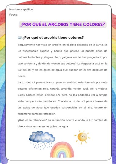 Una hoja de trabajo educativa en español explica por qué los arcoíris tienen colores, presenta texto, una ilustración de un sol, una nube y un arcoíris sobre un fondo pastel con espacios para el nombre y la fecha.