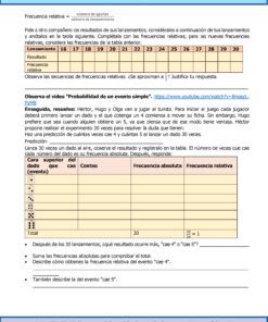 Una hoja de ejercicios de matemáticas en español pide a los alumnos que registren y analicen las frecuencias relativas de las tiradas de dados, rellenen una tabla y reflexionen sobre los patrones. Incluye una tabla, preguntas y un vídeo sobre la probabilidad en la vida cotidiana.