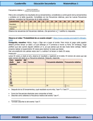Una hoja de ejercicios de matemáticas en español pide a los alumnos que registren y analicen las frecuencias relativas de las tiradas de dados, rellenen una tabla y reflexionen sobre los patrones. Incluye una tabla, preguntas y un vídeo sobre la probabilidad en la vida cotidiana.