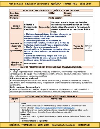 Un plan de lección titulado “TERCER TRIMESTRE Programa Analítico CIENCIAS III QUÍMICA Secundaria 3º (Ciclo Escolar 2023 – 2024)” para el ciclo escolar 2023-2024. Este plan de estudios de Secundaria cubre contenido académico sobre ácidos y bases, procesos de aprendizaje y requiere que los estudiantes reconozcan reacciones de neutralización, entre otras actividades interesantes.