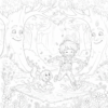 Dibujo para colorear en el que aparecen un niño y su perro saltando en un charco entre árboles animados, debajo del texto «COLOREA» y unos iconos.