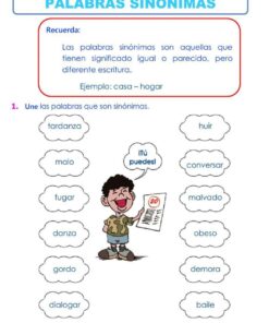 Hoja de ejercicios en español sobre sinónimos con un niño de dibujos animados que sostiene un papel. Explica los sinónimos y pide que emparejen palabras como 