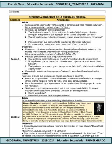 Un plan de lección detallado en español para una clase de Geografía. El plan, parte del "TERCER TRIMESTRE Programa Analítico GEOGRAFÍA Secundaria 1º (Ciclo Escolar 2023 – 2024)", se titula "Plan de Clase Educación Secundaria, GEOGRAFÍA, TRIMESTRE 3, 2023-2024" e incluye secciones para las sesiones 1 y 2. describiendo actividades, objetivos y preguntas para los estudiantes.