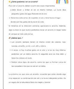 Una hoja de trabajo educativa en español sobre cómo se forman los arcoíris, con una ilustración de un arcoíris en la esquina superior derecha y un texto con datos divertidos y pasos para crear un arcoíris.
